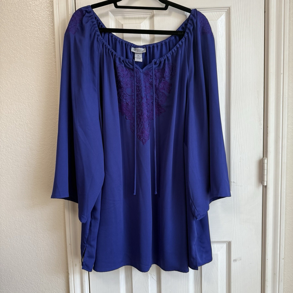 Catherines 4X Royal Blue Embroidered Flowers Tunic Elastic Neckline 3/4 Flared